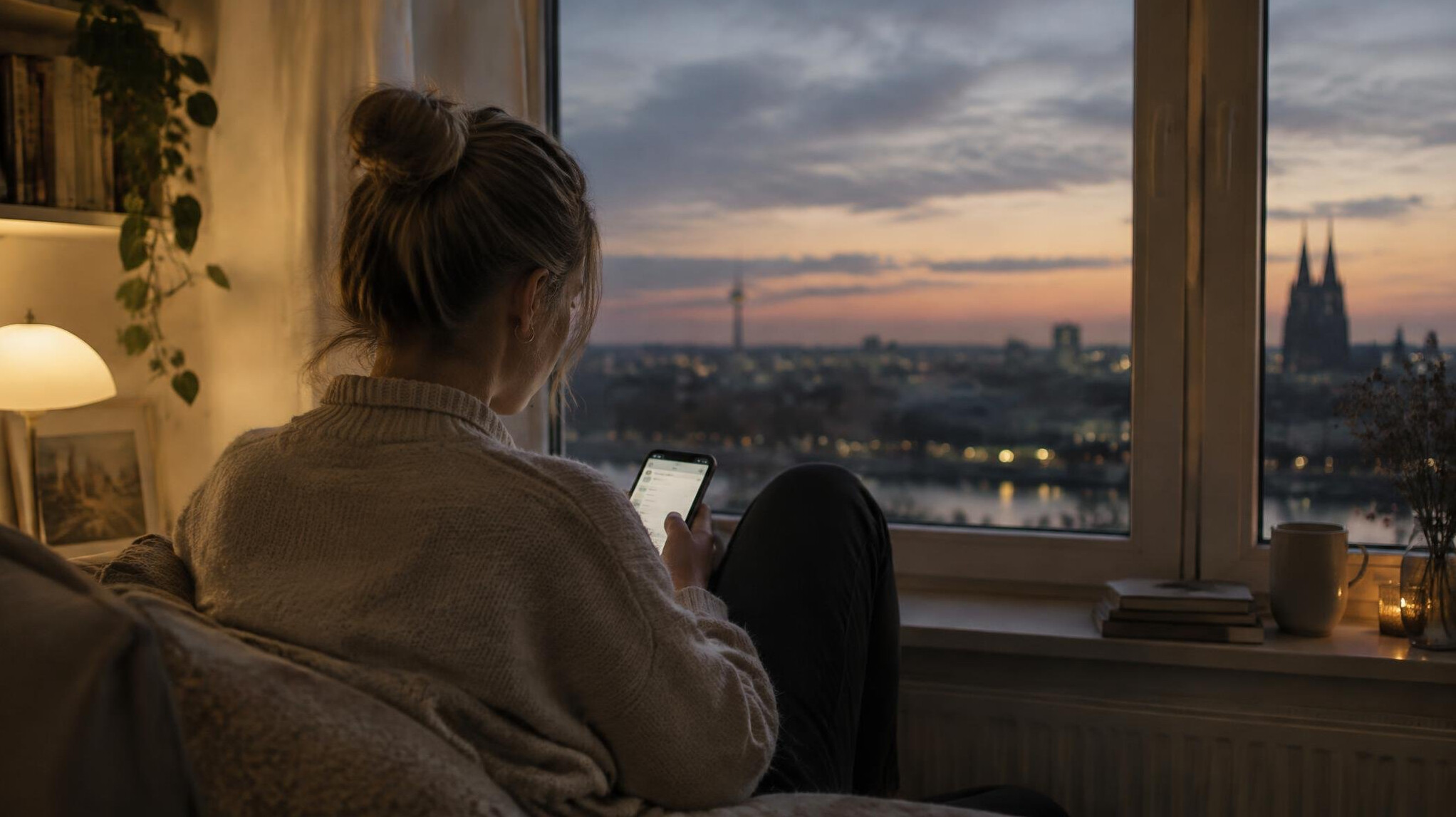 Person sitting alone by a window at dusk looking at a glowing smartphone