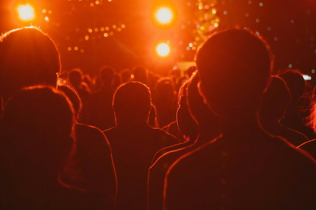 Crowd of people seen from behind at an evening concert with warm stage light