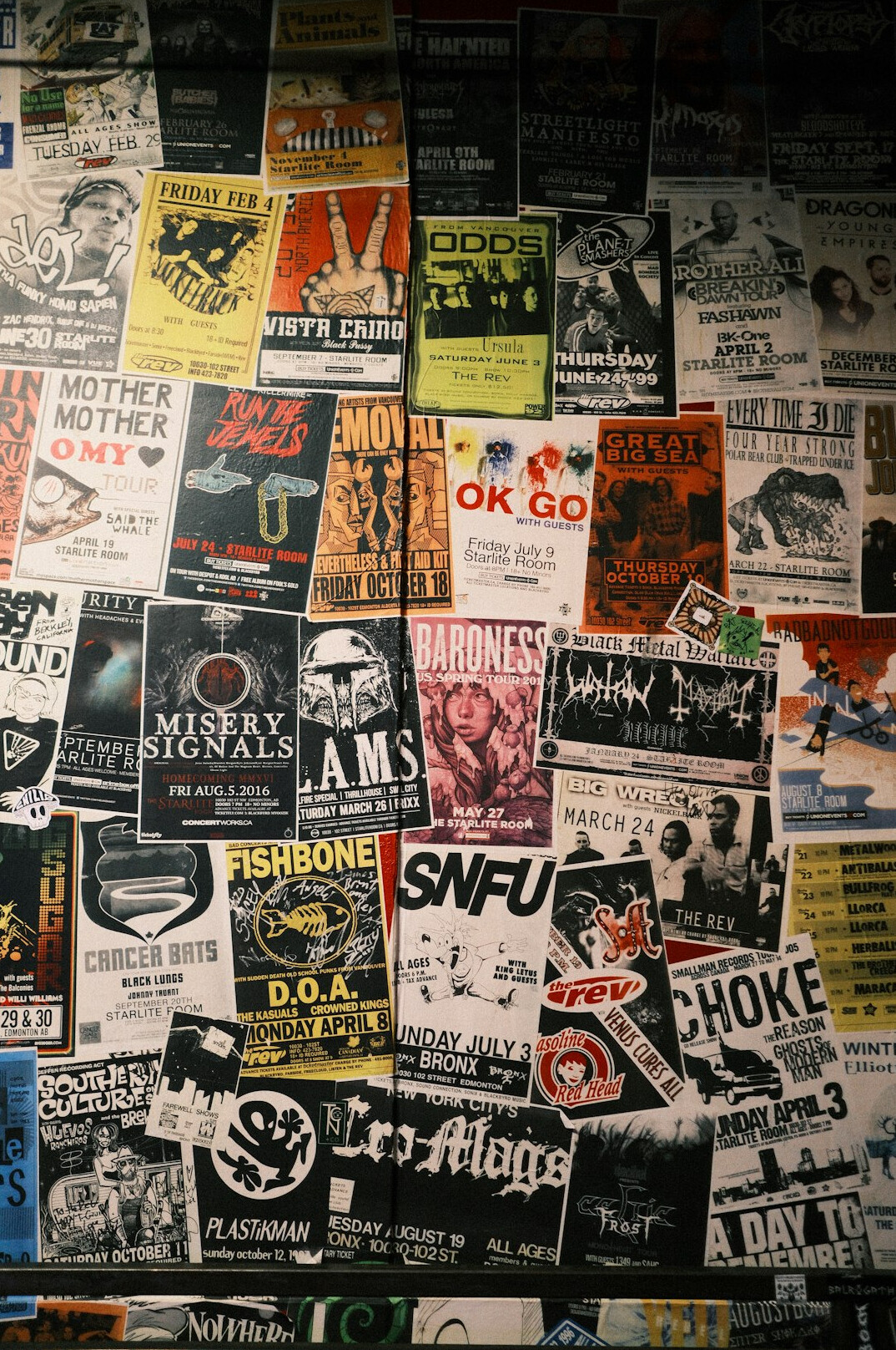 Collection of vintage concert posters and ticket stubs on a wall